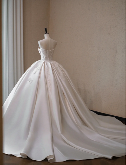 Gorgeous White Satin Applique A-Line Strapless Long Wedding Dress TP5045