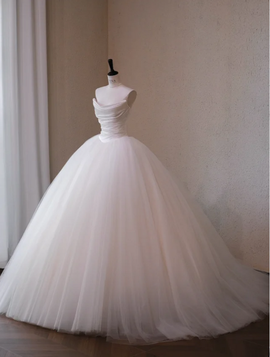 Gorgeous White Tulle A-Line Strapless Long Wedding Dress TP5046