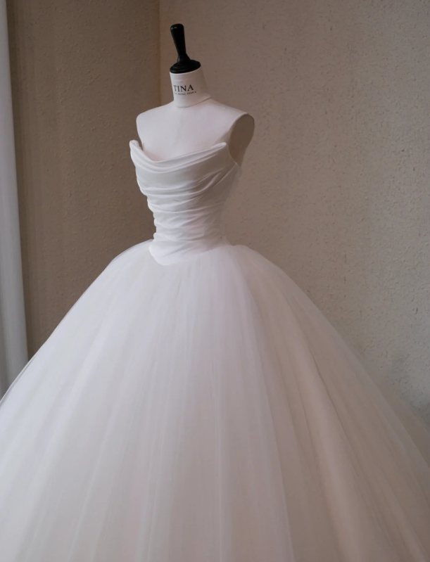 Gorgeous White Tulle A-Line Strapless Long Wedding Dress TP5046