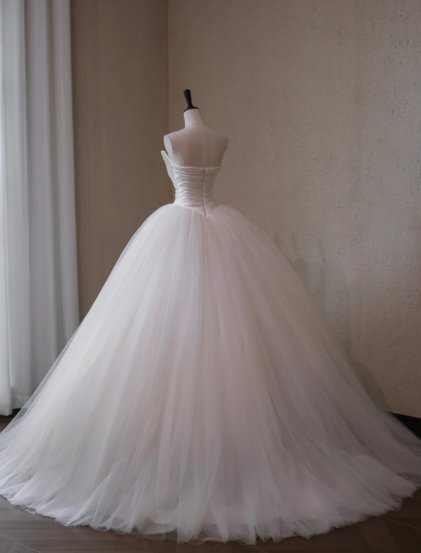 Gorgeous White Tulle A-Line Strapless Long Wedding Dress TP5046