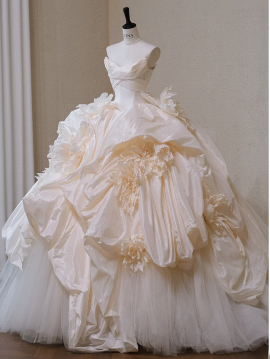 Gorgeous Ivory Satin 3D Flowers A-Line Strapless Long Wedding Dress TP5047