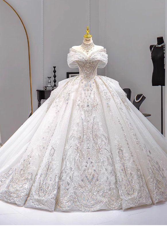 Gorgeous White Glittering Beaded A-Line Off-the-shoulder Long Wedding Dress TP5050