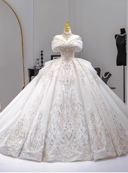 Gorgeous White Glittering Beaded A-Line Off-the-shoulder Long Wedding Dress TP5050