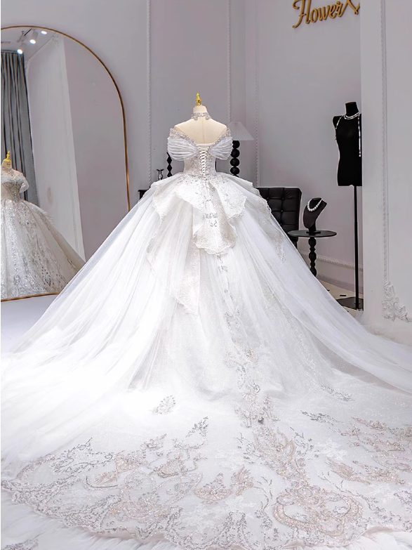 Gorgeous White Glittering Beaded A-Line Off-the-shoulder Long Wedding Dress TP5050