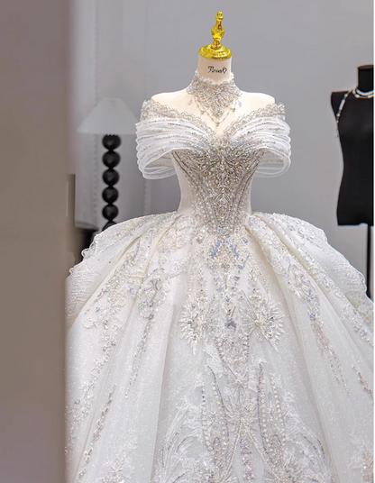 Gorgeous White Glittering Beaded A-Line Off-the-shoulder Long Wedding Dress TP5050
