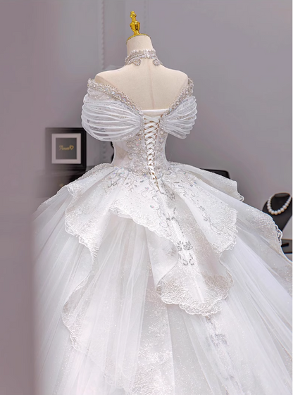 Gorgeous White Glittering Beaded A-Line Off-the-shoulder Long Wedding Dress TP5050