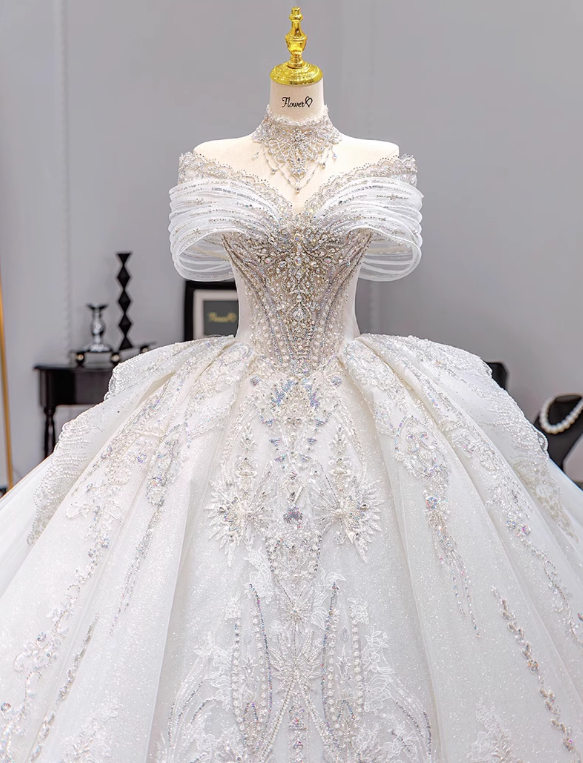 Gorgeous White Glittering Beaded A-Line Off-the-shoulder Long Wedding Dress TP5050