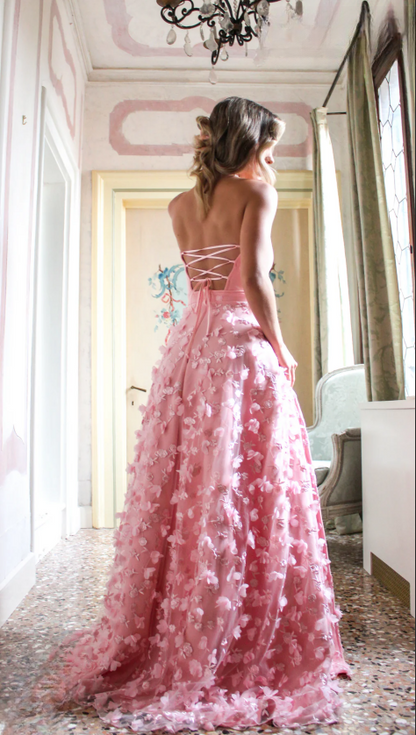 Vintage Pink 3D Flowers Applique Strapless Evening Dress Slit A-Line Long Prom Dress TP5051