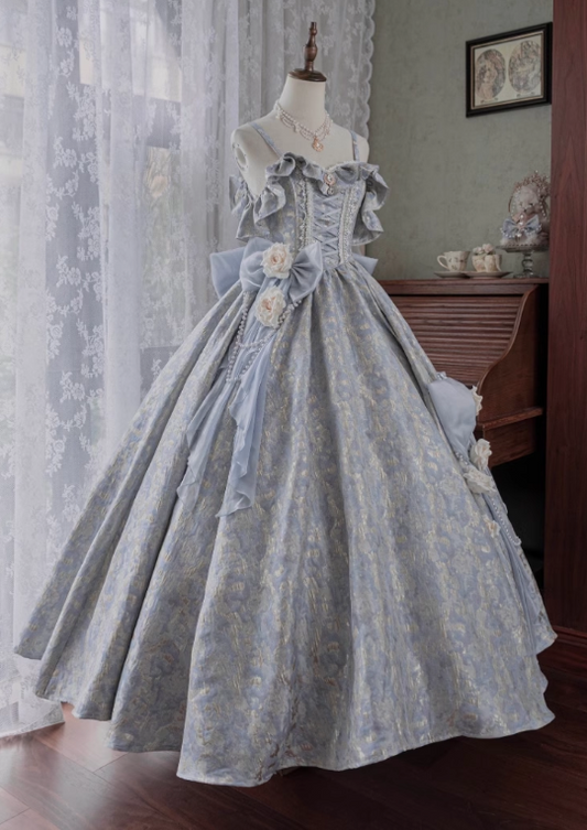 Vintage-Inspired Light Blue A-Line Brocade Lolita Ball Gown with Ruffled Details & Floral Accents – Elegant Victorian-Style Formal Dress TP5065