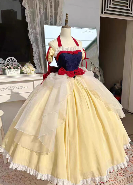 Snow White Inspired Lolita Ball Gown – Vintage Velvet & Tulle Princess Dress with Red Bow TP5066
