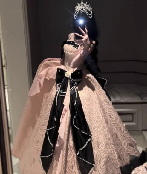 Vintage-Inspired Pink & Black Contrast Lolita Ball Gown – Bow & Pearl Embellished Princess Dress TP5068