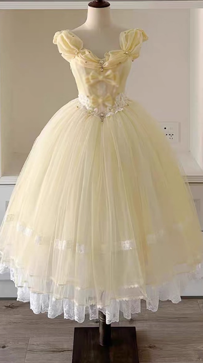 Vintage Yellow Tulle Lolita Ball Gown – Off-the-shoulder Princess Dress with Bow & Lace Details TP5069