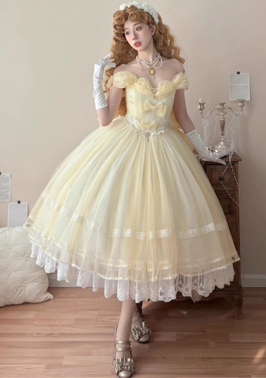 Vintage Yellow Tulle Lolita Ball Gown – Off-the-shoulder Princess Dress with Bow & Lace Details TP5069