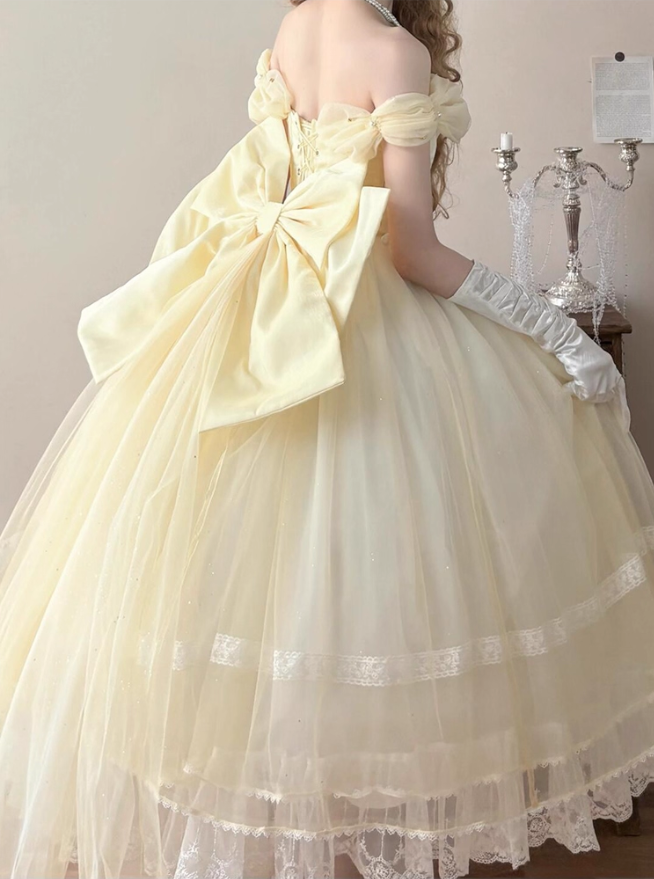 Vintage Yellow Tulle Lolita Ball Gown – Off-the-shoulder Princess Dress with Bow & Lace Details TP5069