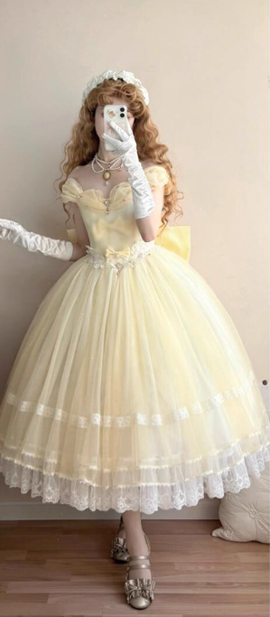 Vintage Yellow Tulle Lolita Ball Gown – Off-the-shoulder Princess Dress with Bow & Lace Details TP5069