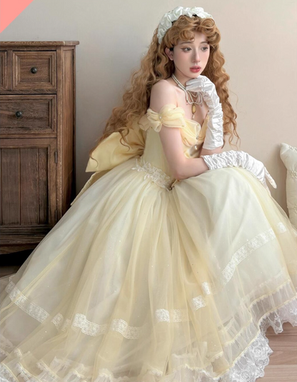 Vintage Yellow Tulle Lolita Ball Gown – Off-the-shoulder Princess Dress with Bow & Lace Details TP5069