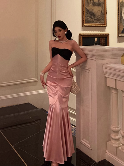 Elegant Pink Satin Mermaid  Black Strapless Bodice Evening Gown TP5117