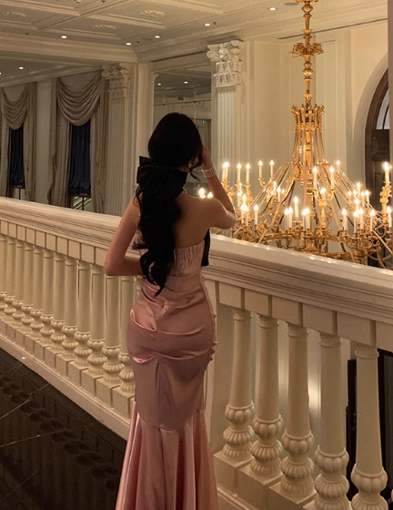 Elegant Pink Satin Mermaid  Black Strapless Bodice Evening Gown TP5117