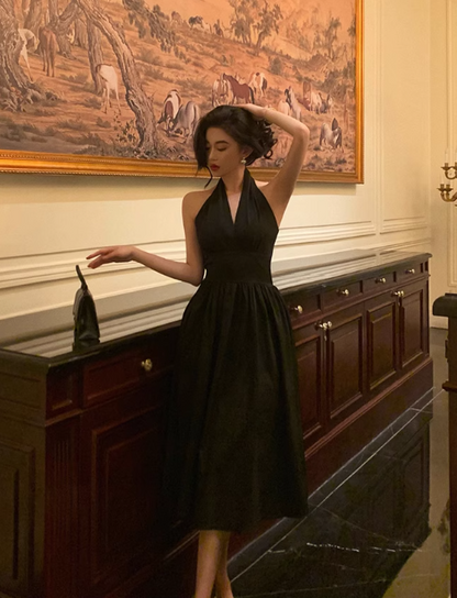 Vintage-Inspired Black Halter Neck Midi A-Line Evening Dress TP5125