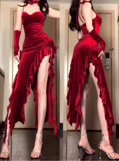 Vintage Red Velvet Spaghetti Strap Ruffled High Slit Floral Embellished Evening Gown TP5129