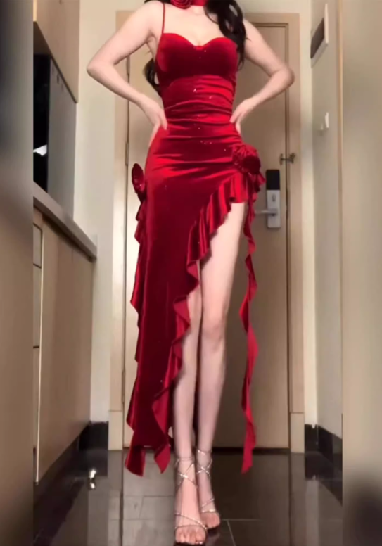 Vintage Red Velvet Spaghetti Strap Ruffled High Slit Floral Embellished Evening Gown TP5129