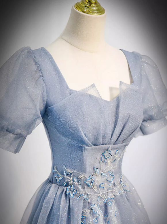 Enchanting Powder Blue Glitter Tulle Puff Sleeves & Floral Lace Embellishment Quinceañera Formal Dress TP5141