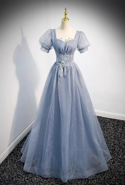 Enchanting Powder Blue Glitter Tulle Puff Sleeves & Floral Lace Embellishment Quinceañera Formal Dress TP5141