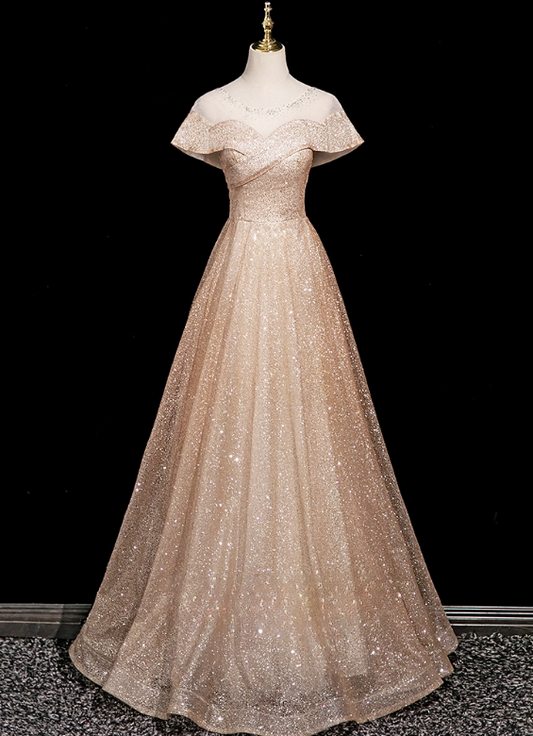 Vintage Champagne Off-Shoulder Sweetheart Evening Gown Glittering Tulle A-Line Prom Dress TP5142