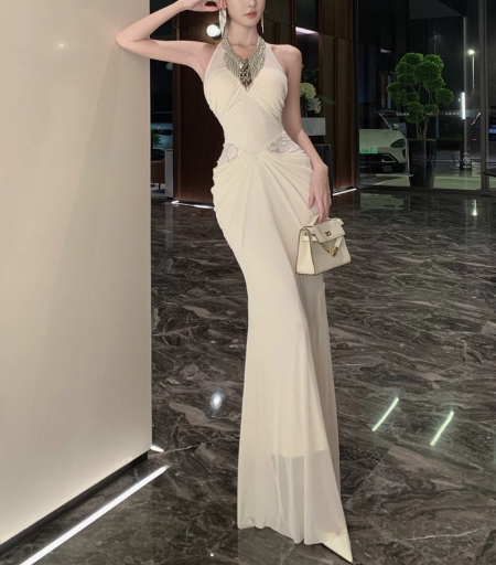 Vintage Ivory Halter Neck Mermaid Evening Gown Beaded Chiffon Prom Dress TP5143