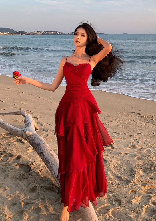 Vintage Sweetheart A-Line Evening Gown Spaghetti Strap Chiffon Tiered Prom Dress TP5144