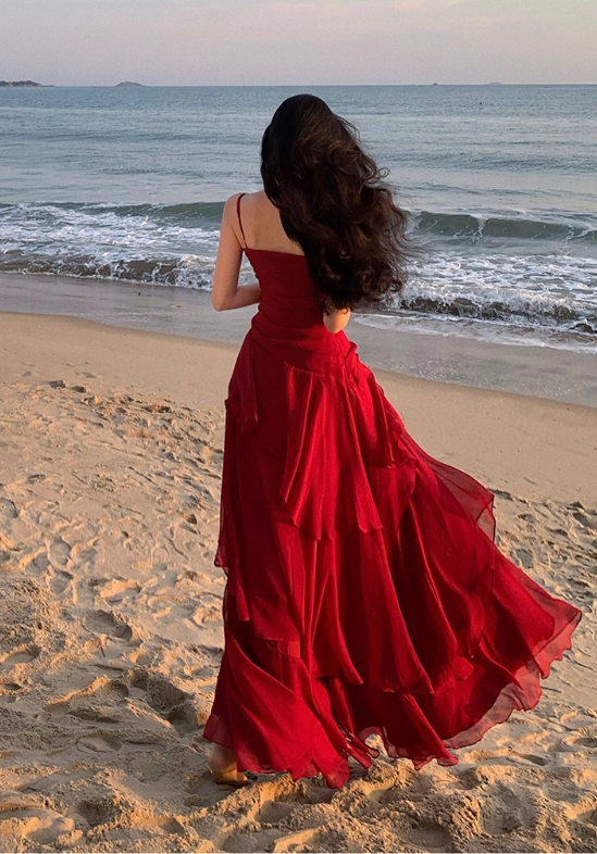 Vintage Sweetheart A-Line Evening Gown Spaghetti Strap Chiffon Tiered Prom Dress TP5144