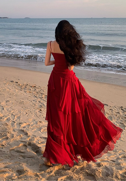 Vintage Sweetheart A-Line Evening Gown Spaghetti Strap Chiffon Tiered Prom Dress TP5144
