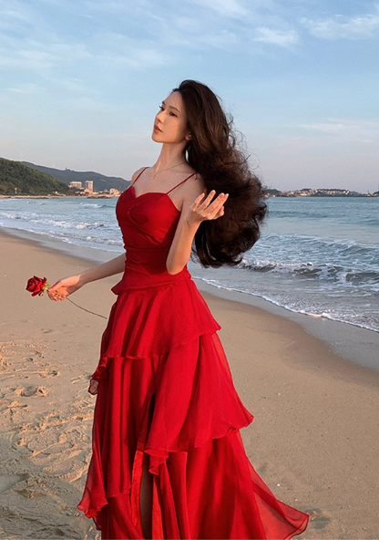 Vintage Sweetheart A-Line Evening Gown Spaghetti Strap Chiffon Tiered Prom Dress TP5144