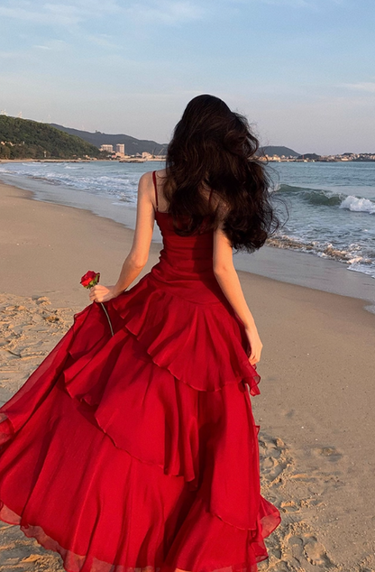 Vintage Sweetheart A-Line Evening Gown Spaghetti Strap Chiffon Tiered Prom Dress TP5144