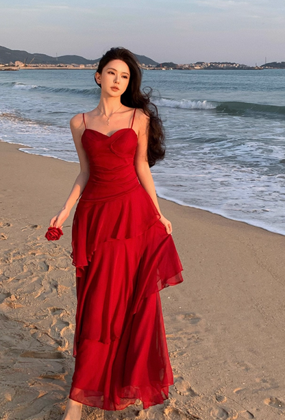 Vintage Sweetheart A-Line Evening Gown Spaghetti Strap Chiffon Tiered Prom Dress TP5144