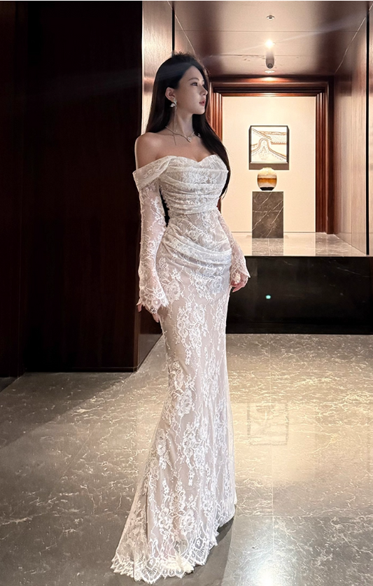 Vintage Off-Shoulder Lace Mermaid Evening Gown Long Sleeves Prom Dress TP5146