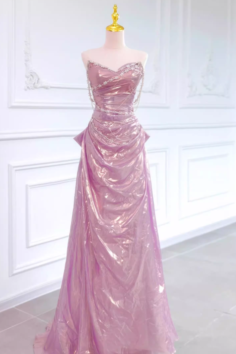 Vintage Pink Satin Sheath Evening Gown Strapless Prom Dress TP5148