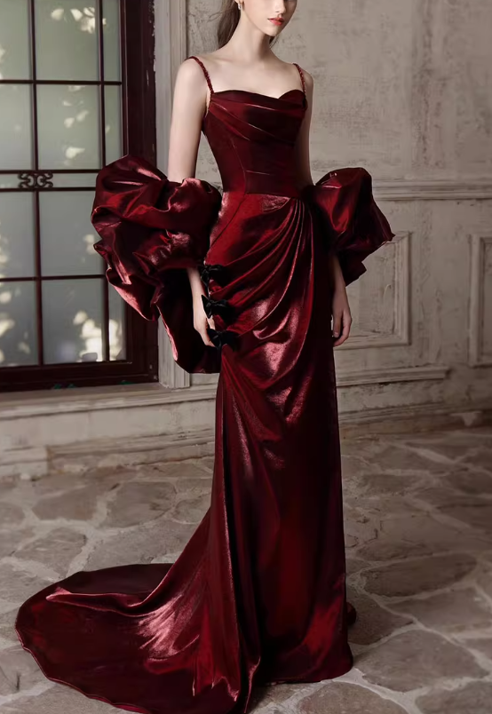 Vintage Burgundy Satin Mermaid Evening Gown Spaghetti Strap Sweetheart Prom Dress TP5150