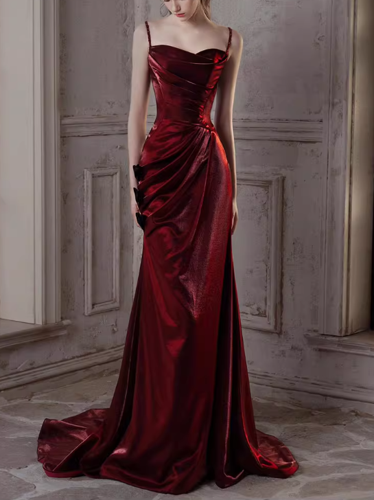 Vintage Burgundy Satin Mermaid Evening Gown Spaghetti Strap Sweetheart Prom Dress TP5150