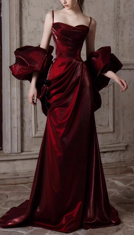 Vintage Burgundy Satin Mermaid Evening Gown Spaghetti Strap Sweetheart Prom Dress TP5150
