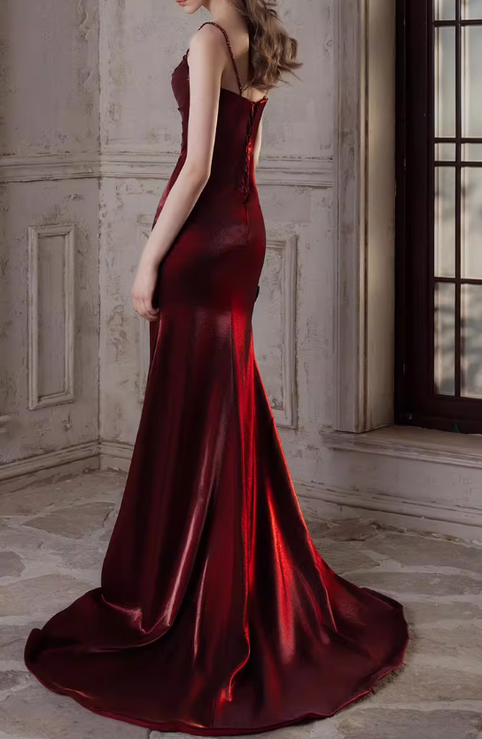 Vintage Burgundy Satin Mermaid Evening Gown Spaghetti Strap Sweetheart Prom Dress TP5150