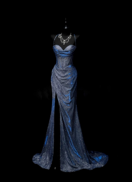 Vintage Navy Blue Glittering Sweetheart Prom Dress Sheath Slit Evening Gown TP5155