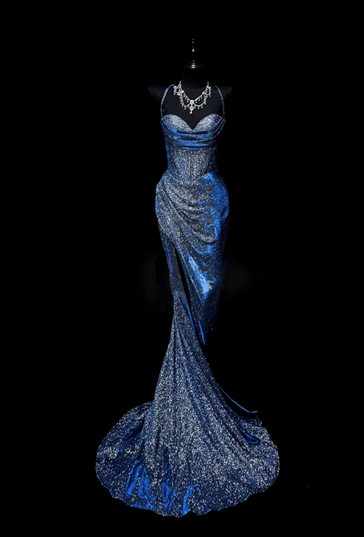 Vintage Navy Blue Glittering Sweetheart Prom Dress Sheath Slit Evening Gown TP5155