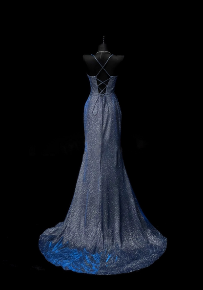 Vintage Navy Blue Glittering Sweetheart Prom Dress Sheath Slit Evening Gown TP5155