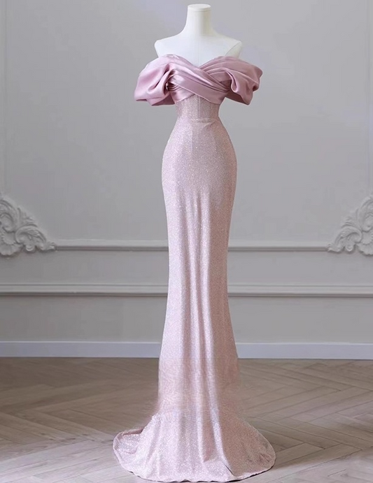 Glamorous Pink Off-Shoulder Mermaid Prom Dress Glittering Sequin Evening Gown TP5157