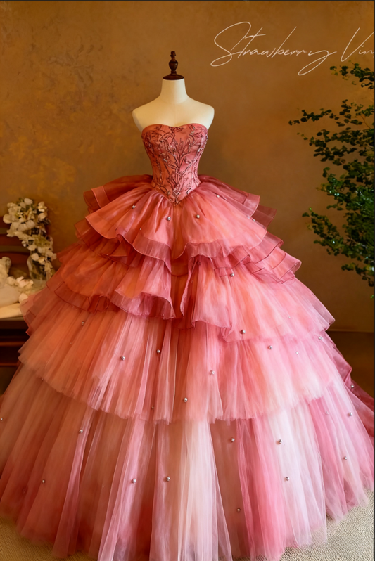 Vintage Pink Ombre Tiered Tulle Embroidered Bodice Bead A-Line Detachable Straps Quinceañera Ball Gown TP5165