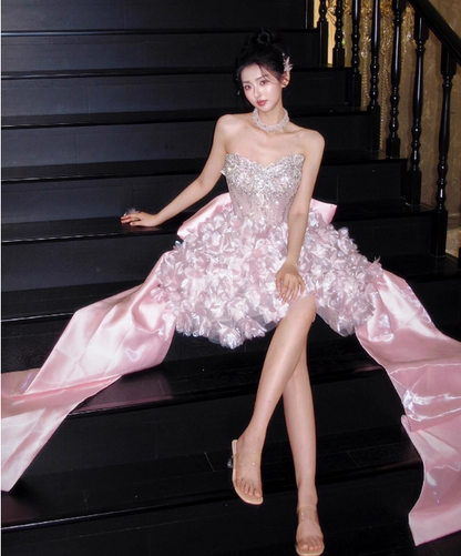 Vintage Pink Beaded Strapless A-Line Floral Ruffles Mini Dress Homecoming Dress Party Dress Short Cocktail Dress TP5191