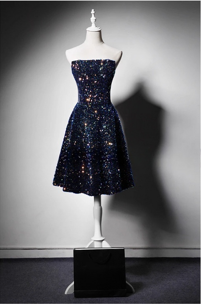 Vintage Navy Blue Sequin Strapless A-Line Mini Dress Homecoming Dress Party Dress Short Cocktail Dress TP5192