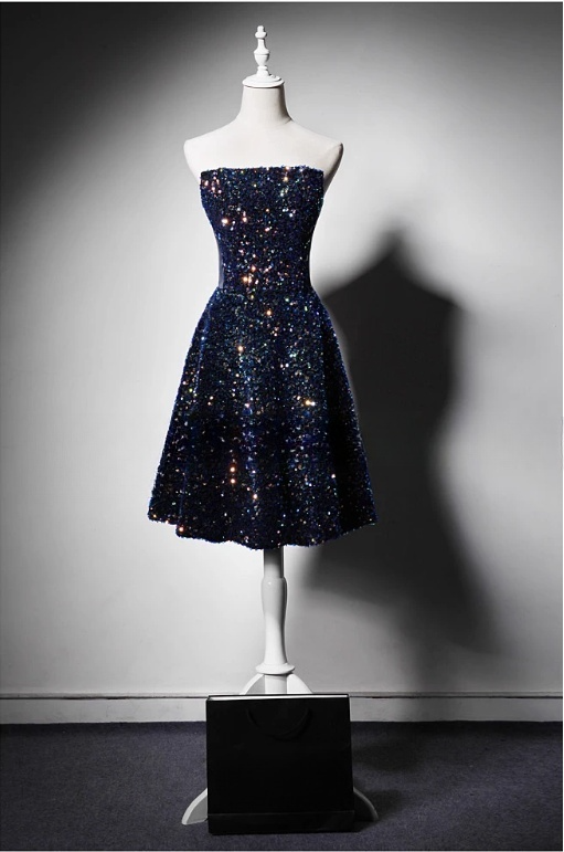 Vintage Navy Blue Sequin Strapless A-Line Mini Dress Homecoming Dress Party Dress Short Cocktail Dress TP5192