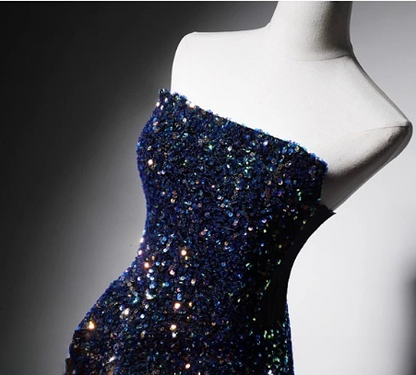 Vintage Navy Blue Sequin Strapless A-Line Mini Dress Homecoming Dress Party Dress Short Cocktail Dress TP5192